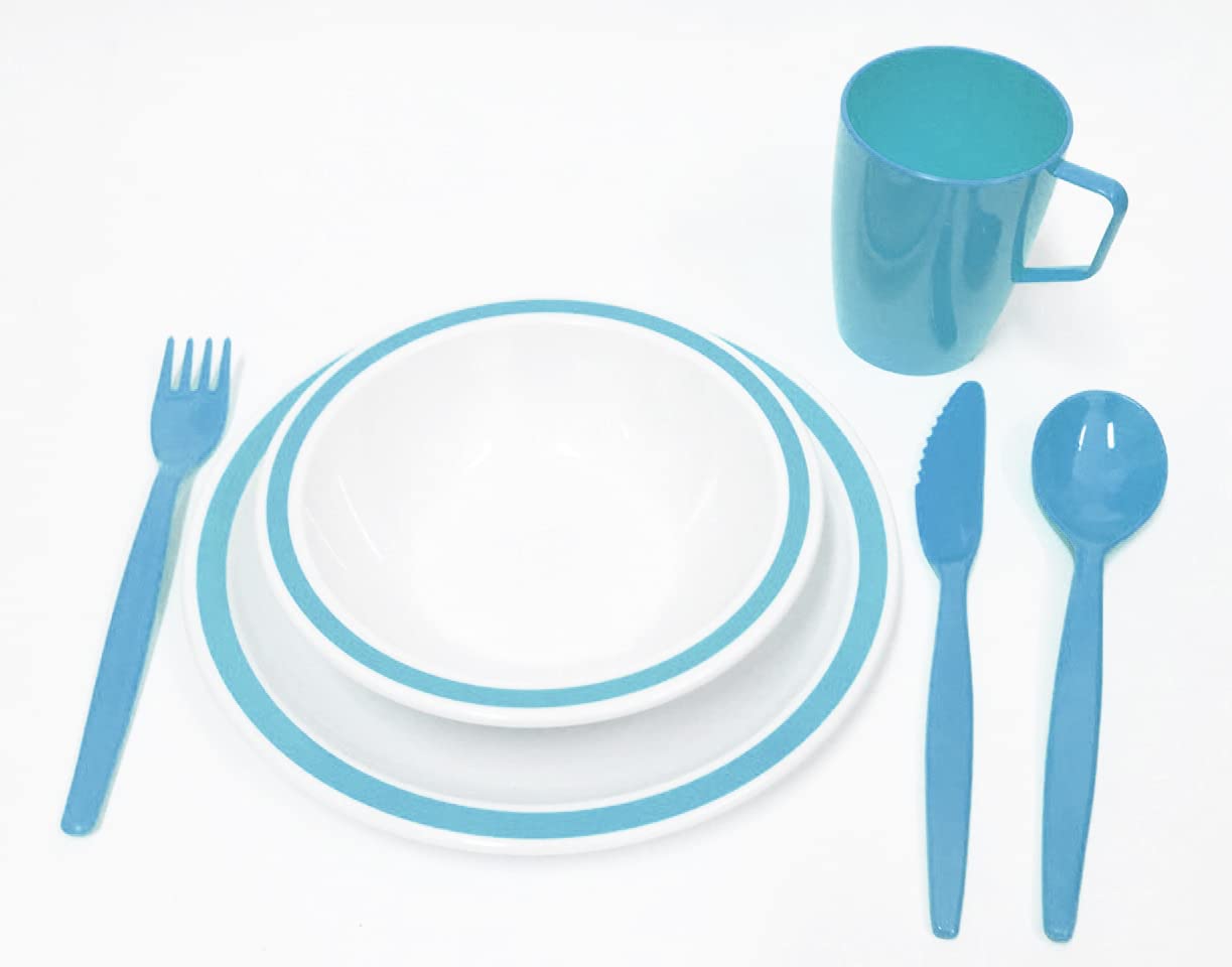 Harfield Pastel Blue & White Duo Camping Picnic Dinner Set - Reusable Virtually Unbreakable Polycarbonate Plastic