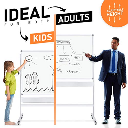 Mobile Whiteboard - Large Adjustable Height 360Â° Reversible Double Sided Dry Erase Board - Magnetic White Board on Wheels - Portable Rolling Easel with Stand, Flip Chart Holders, Paper Pad | 70x36