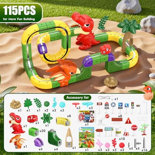 Brinquedos Dinossauros Rapaz 3 4 5 6 7 8 anos, 115 peças DIY Cubo Track Presente Rapaz Rapariga 3-8 Anos Conjunto de Comboios Elétricos Clickrail — foto 2 de 8