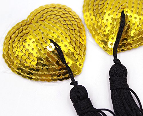 Reusable Adhesive Nipple Cover,Shiny Sequin Silicone Heart-Shaped Breast Pads Pasties Bra with Tassel - Thumbnail 3