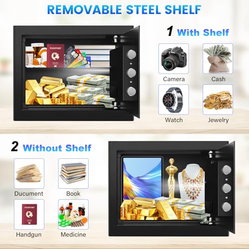 1.25 Cu Ft Fingerprint Safe for Home, Biometric Home Safe Box with Digital Keypad & Backup Keys, Large Steel Security Safe with Alarm System, Removable Shelf & LED Light for Cash Jewelry Documents