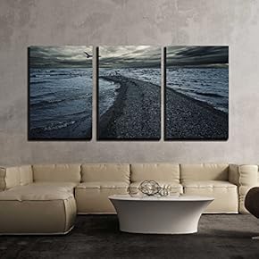 3 Piece Canvas Wall Art - Stormy Sky Over Dark Sea. - Modern Home Art Stretched and Framed Ready to Hang - 16"x24"x3 Panels