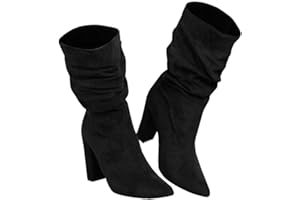 Syktkmx Womens Winter Slouchy High Heel Boots Mid Calf Suede Slip on Chunky Block Pointed Toe Boots