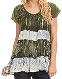Sakkas S-4-85100 - Layleka Long Tie Dye Ombre Batik Embroidered Sequin Beaded Shirt Blouse Top - Green - OS
