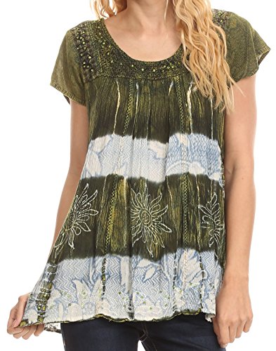 Sakkas S-4-85100 - Layleka Long Tie Dye Ombre Batik Embroidered Sequin Beaded Shirt Blouse Top - Green - OS