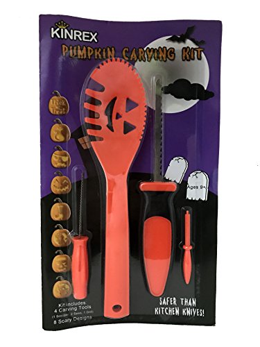 KINREX Halloween Pumpkin Carving Tools - Includes 4 Carving Tools - 8 Halloween Stencils - Great Pumpkin Carving Kit