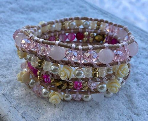 4 Wrap Leather Bracelet with AAA Rose Quartz, Carved gemstone roses, Czech glass beads, and Crystals