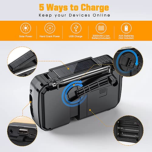 Emergency Radio, 2021 Newest Hand Crank Radio, Portable Solar Emergency Supplies, AM/FM NOAA Weather Radio with LED Flashlight&Reading Lamp, 3000mAh Power Bank for Phone, SOS Alarm for Survival