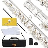 Glory Silver Plated Intermediate 17keys, Open/closed Hole C Flute with B Foot Joint,Offset G, with Case,cleaning Rod, Joint Grease, Cloth and Gloves