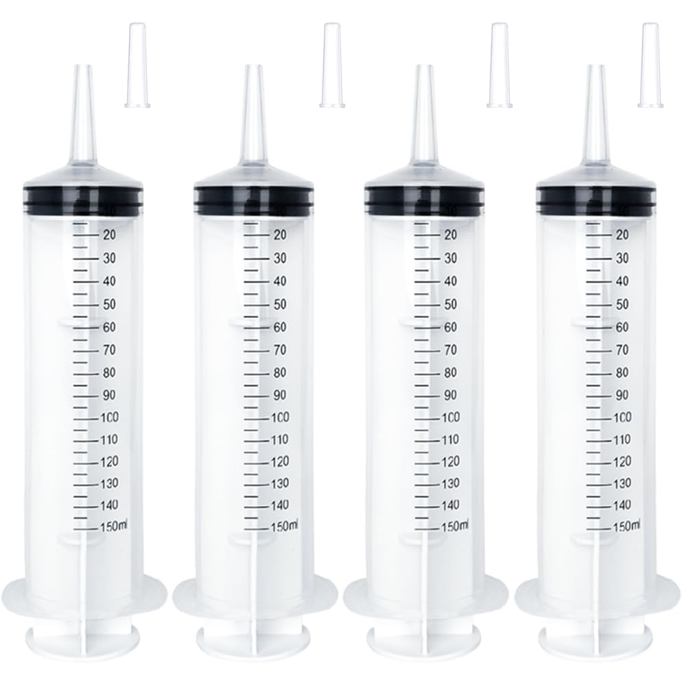 Photo 1 of 4 Pack 150ml/cc Large Syringe with Cap, Individually Sterile Sealed Plastic Liquid Syringes with Measurement for Scientific Labs, Measuring Liquids, Feed Pets, Oil or Glue Applicator