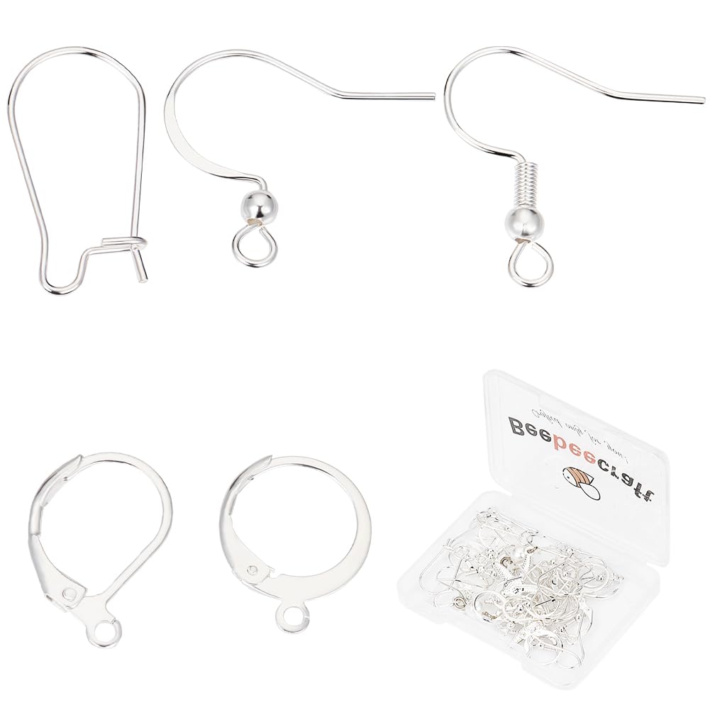 Beebeecraft 5 Styles 50Pcs French Earring Hooks 925 Sterling Silver Plated Earring Making Kit Leverback Huggies Ear Wire for Jewelry Making DIY Craft