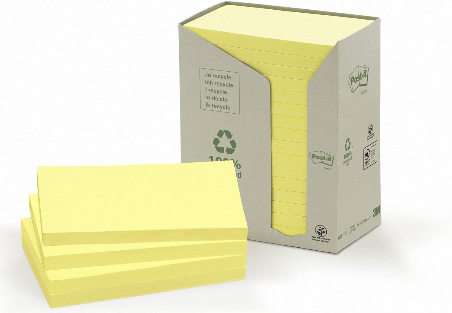 Post-it Recycled Notes, Canary Yellow, 76 mm x 127 mm, 100 Sheets/Pad, 16 Pads/Pack — image 1