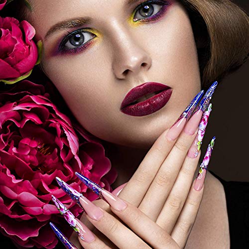 221 Pieces Extra Long Stiletto False Nails 12 Sizes Artificial Nails Tips with Nail Files for DIY Nail Manicure Nail Salon Teaching Practice and Performances (Clear Long Nail)