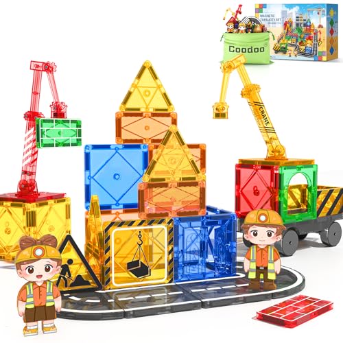 Coodoo Kids Games Magnetic Tiles with 2 Cranes Construction Set Sensory Toys for Boys Girls Ages 3-6 5-7 8-13, Gifts for 3+ Year Old Boys Girls Toddler Outdoor Kids Toys with Car