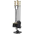 AMAGABELI GARDEN & HOME Fireplace Tools Set 5 Pieces Log Gold Handle Wrought Iron Fire Set with Stand Holder Fireset Fire Pit Indoor Outdoor Tongs Shovel Brush Poker Wood Stove Hearth Accessories
