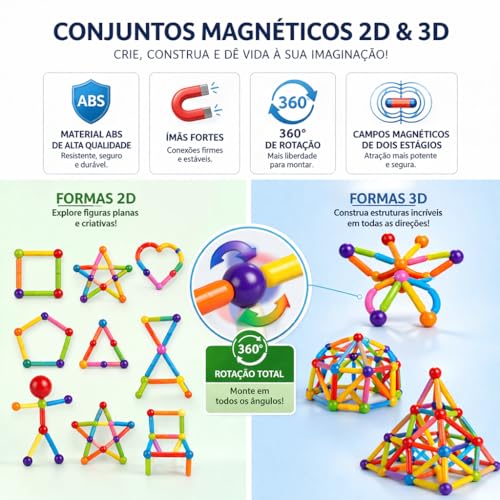 Blocos Magnéticos Infantil 84 Peças Brinquedo Educativo Construção STEM 3D