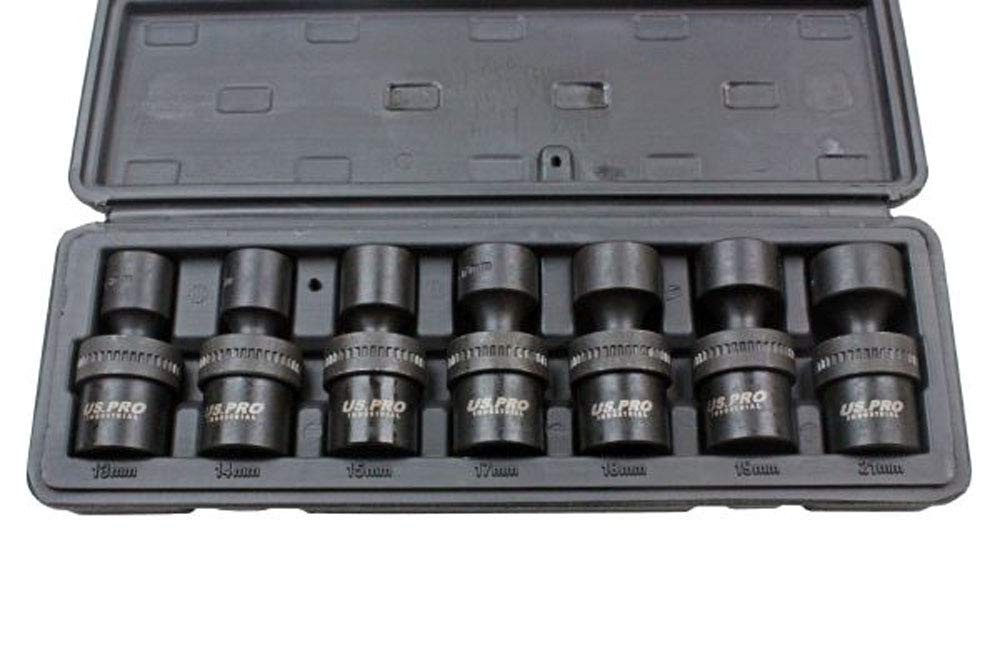 US PRO INDUSTRIAL 7 Piece 1/2" DR 6 Point Swivel Impact Shallow Sockets 13-21mm 3429