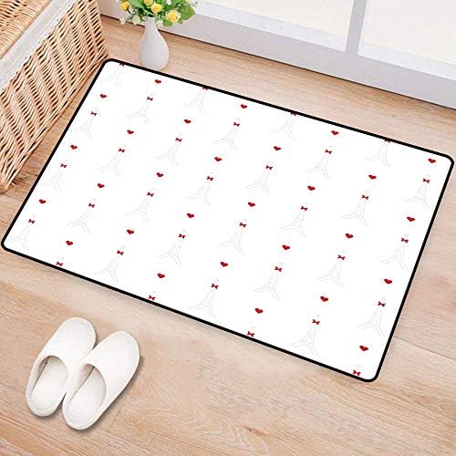 EiffelThin Door matCute Simplistic Design of Eiffel Towers with Red Hearts and Bowties European TravelQuick and Easy to Clean W16 xL24 Red White