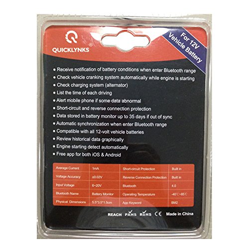 QUICKLYNKS BM2 Bluetooth Battery Monitor 12V Car Battery Tester for Lead Acid, Auto Battery Load Tester with Cranking Charging Test, LowVolt Alarm for Car/RV/Motorcycle/Truck/Boat/Solar Power System