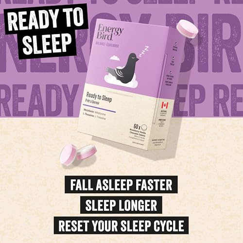 Energy Bird Sleep Aid Chewable Tablets with L-Theanine & Melatonin | Sleep Supplements for Adults | Relaxation Support Formula, Vegan, Blackberry Vanilla Flavour, 60 Count
