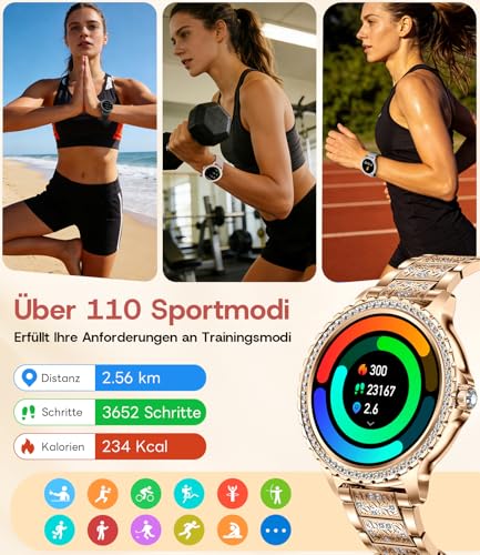 LIGE Women's Smartwatch with Phone Function, 1.32 Inch Diamond Fitness Watch for iOS Android with Sleep Monitor, SpO2, Heart Rate Monitor, Blood Oxygen, Menstrual Cycle, Smartwatch, Rose Gold