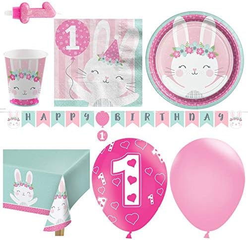 1st Birthday Bunny Party Supplies - Deluxe Table & Decorations Kit for 16