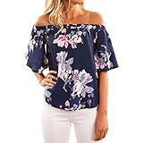 WLLW-Medium, Floral- Women Short Sleeve Off Shoulder Floral Print Shirt Blouse Tops Tee