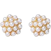 DIAMANTIO 18K Gold Plated Elegant Clip-On Pearl Cluster Earrings – Vintage Style Gold Tone Statement Earrings for Non-Pierced Ears – Classic Faux Pearl Dangle Jewelry for Women & Special Occasions