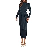 Saodimallsu Womens Long Sleeve Midi Sweater Dress Bodycon Mock Neck Ribbed Knit Tie Waist Fall Long Dresses