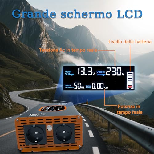 2000W Inverter 12v 220v Pure Wave - 12v Voltage Transformer LCD Display with 2 EU Sockets and 3 USB Ports and a Type C Port, Remote Control Socket for Motorhome, Car and Camping