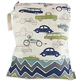 Logan + Lenora Classic Wet Bag - Medium Cloth Diaper Wet Bag - Beach, Pool, Gym Bag for Swimsuits or Wet Clothes - Made in USA -Waterproof (ZOOM Cars)