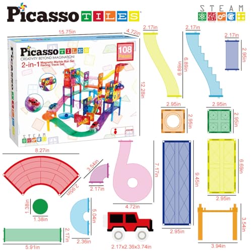 PicassoTiles 108pc 2in1 Marble Run Car Race Track Combo
