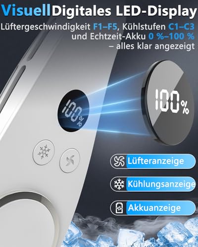 Kouric Neck Fan with Cooling, Neck Fans Extra Quiet (35 dB) 24 Hours USB-C 5500 mAh, 5 Levels & LED Display, Rotorless Fan for Hanging for Women/Men/Children/Outdoor/Indoor