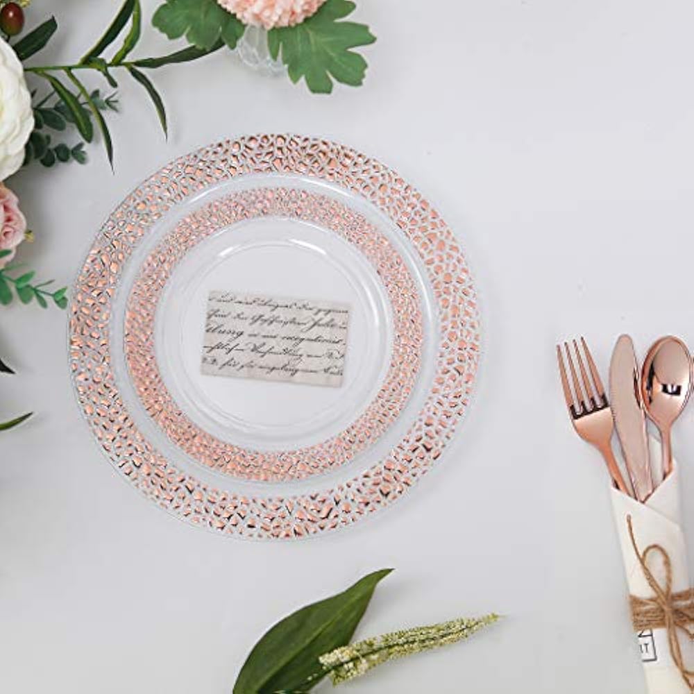 25 Plates Guest Clear Rose Gold Plastic With Disposable Silverware