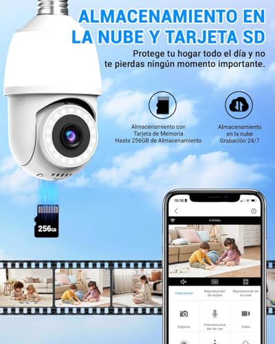 EASYTAO Camara Foco Camara de Seguridad Interior/Exterior 1080P, Camara WiFi IP66 Impermeable Base E26/ E27 con Seguimiento Automático, Visión Nocturna a Color, Audio Bidireccional, Funciona con Alexa