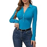 DYLH Long Sleeve Button Down Shirts for Women Ruched Work Blouses for Women Ribbed V Neck Collar Shirts