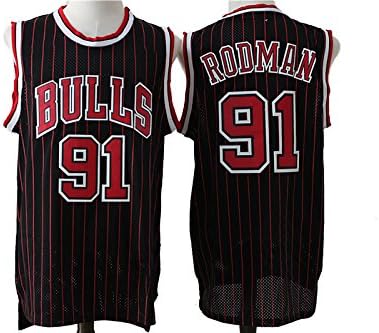 Mens Chicago Bulls Dennis Rodman #91 Retro Stripe Jersey Black Red XL