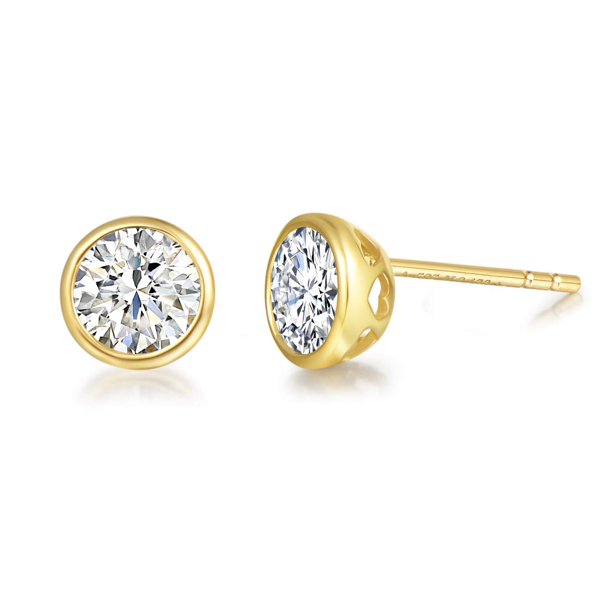 FANCIME Solid 585 Gold 14ct Yellow Gold Bezel-Settings 0.85 cttw Round Moissanite D-E Color VVS Clarity Stud Earrings For Women Girls - Diameter: 5 mm