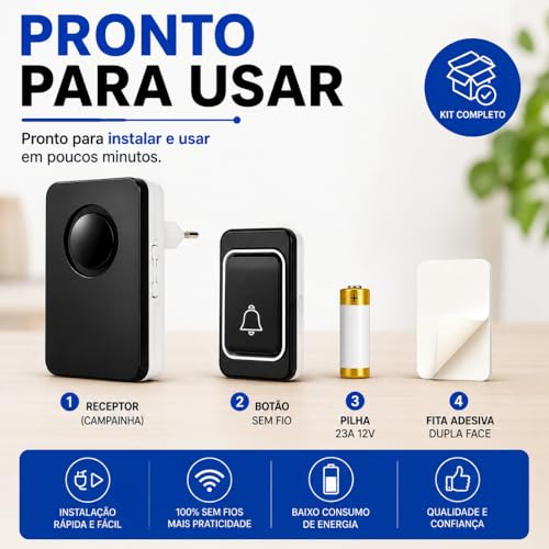 Campainha Sem Fio Bivolt à Prova d’Água Premium | 38 Toques | Alcance até 100m | Uso Residencial, Comercial ou Emergencial – Preto