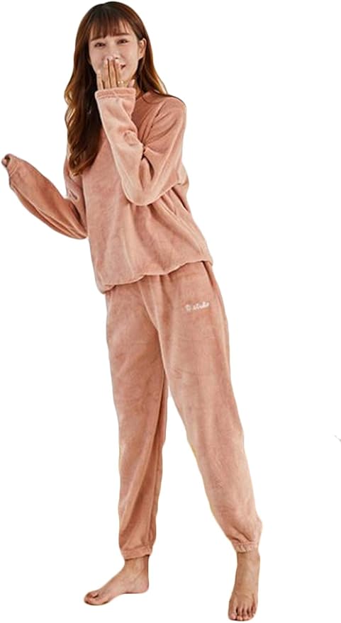 Amazon モリミ 2点セット パジャマ レディース フランネルパジャマ 刺繍 長袖 秋冬 ルームウェア プルオーバー もこもこ 厚手 フランネル 上下セット ゆったり ふんわり かわいい トップス パンツ ピンク F パジャマ ルームウェアセット 通販