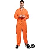 ReneeCho Orange Prisoner Jumpsuit Jailbird Costume Men Adult Halloween Inmate Onesie