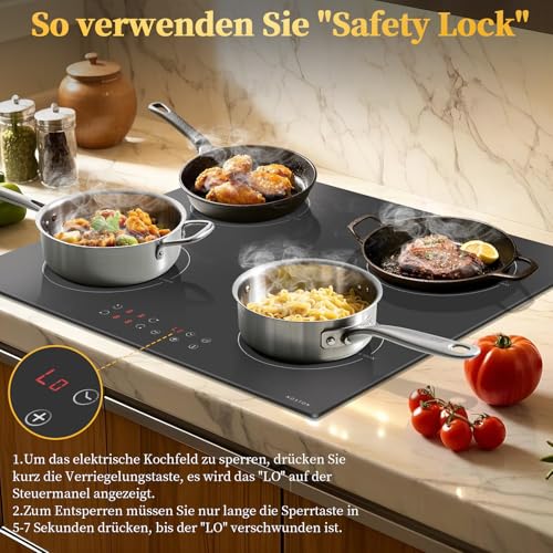 NOXTON Induction Hob 60 cm with Plug, 4 Plates with 3500 W, Self-sufficient Installation Induction Hob, Touch, 9 Heat Settings, 1-99 Min Timer, Child Lock, Automatic Shut-Off