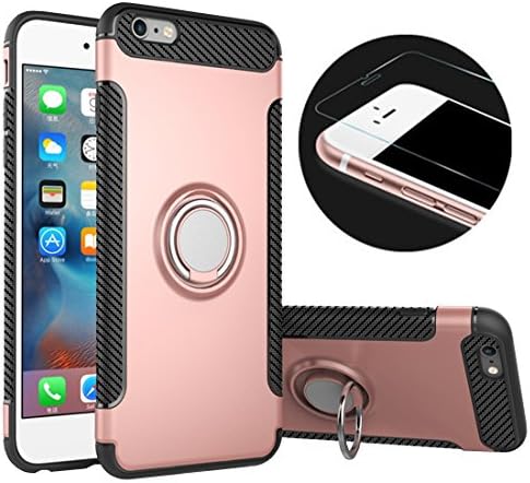 iPhone 6 Plus Phone Case &amp; Tempered Glass Screen Protector,RP Ben Multi-function Car Holder Stand Magnetic Suction Bracket Finger Ring TPU + PC Cover Case for Apple iPhone 6 Plus/6S Plus(Rose gold)