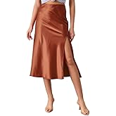 MOROUTLINE Satin Midi Skirts Women Silk High Waist Split Thigh Front Bodycon Hidden Elastic Waistband Skirt with Slit