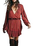 R.Vivimos Women Spring Long Sleeve Deep V Neck Short Dresses
