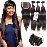 Unice Hair 3 Way Part 1pc 4x4 Lace Closure with Virgin Brazilian Straight Human Hair 3 Bundles Weaves Natural Color (12 14 16+10inch closure)