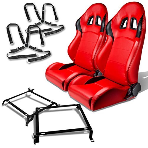 Honda Civic/Acura Integra DB DC Pair of PVC Faux Leather Racing Seats (Red)+Seat Bracket+4-Point Camlock Black Belt