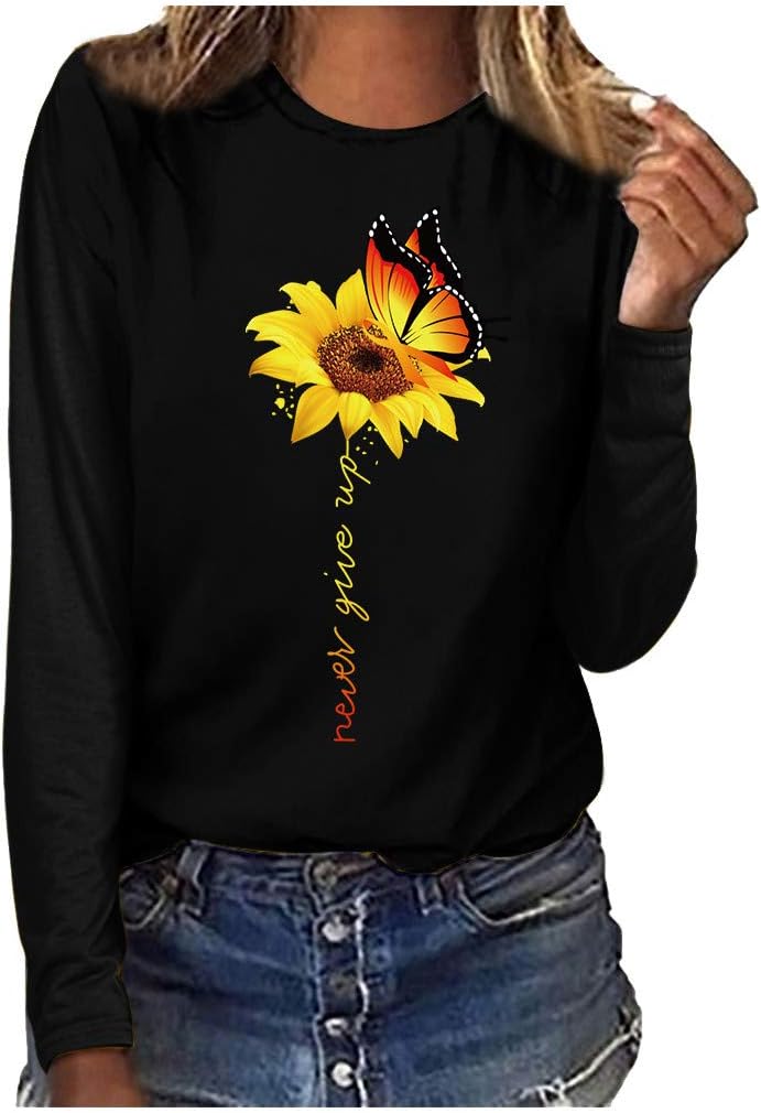 Women Plus Size Print Round Neck Long Sleeved T-Shirt Blouse Tops