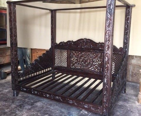 Worldcraft Lotus Canopy Day Bed, Hand Carved Lotus Mandala Headboard, Carved Solid 4" Pillars and Intricately Carved Sides, from Solid Mahogany Wood.