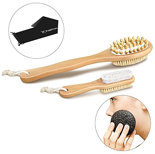 Body Brush Set, Kaptron 3 Pcs Set Natural Boar Bristle Brush and Konjac Sponge Exfoliating Body Feet Back Scrubber Brush, Dry Skin Brush, Pumic Stone, Cellulite Massager with Waterproof Storage Bag